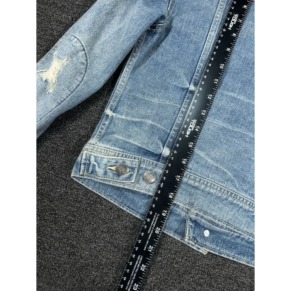 Free People Denim Trucker Jacket Women's 2 Boho Patchwork Aztec Distressed - Picture 8 of 9